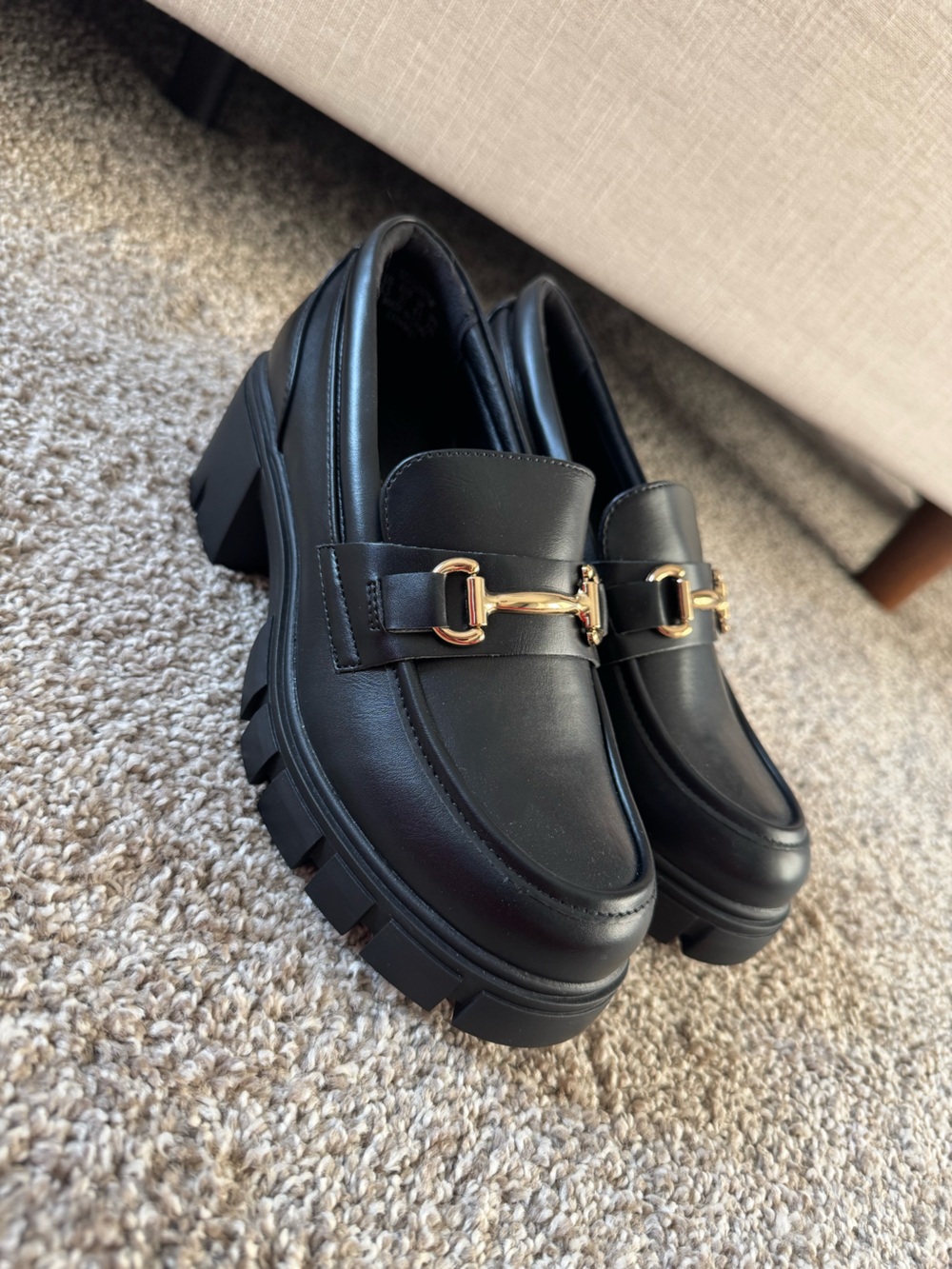Black Chunky Loafer Heels with Gold Accent